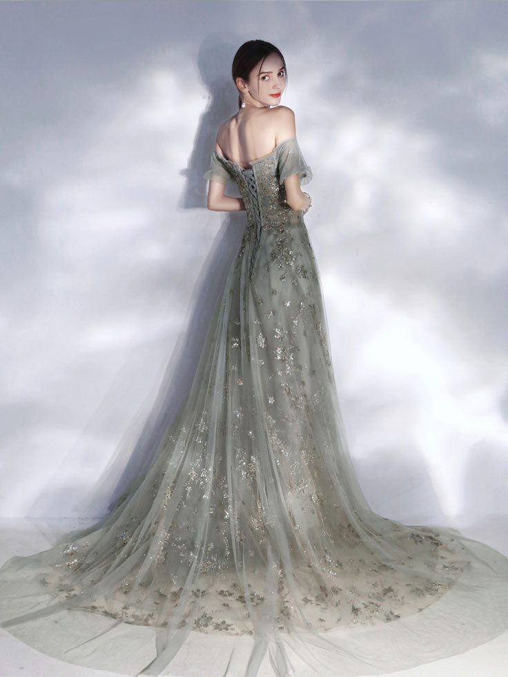 Gray Tulle Sequin Lace Long Prom Dress, Gray Tulle Formal Dress