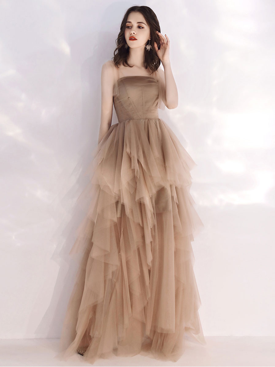 Champagne Tulle Long Prom Dress Champagne Evening Dress