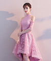 Pink high neck lace short prom dress, pink homecoming dress