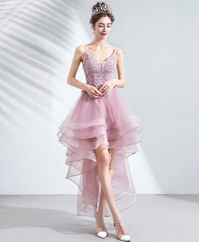 Burgundy Tulle Lace High Low Prom Dress Lace Homecoming Dress