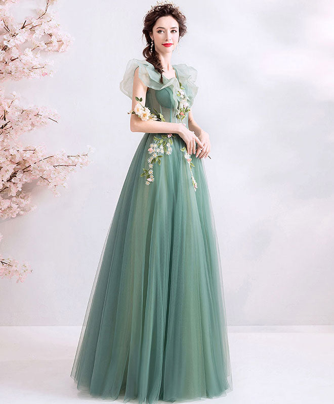 Green V Neck Tulle Lace Long Prom Dress, Green Evening Dress