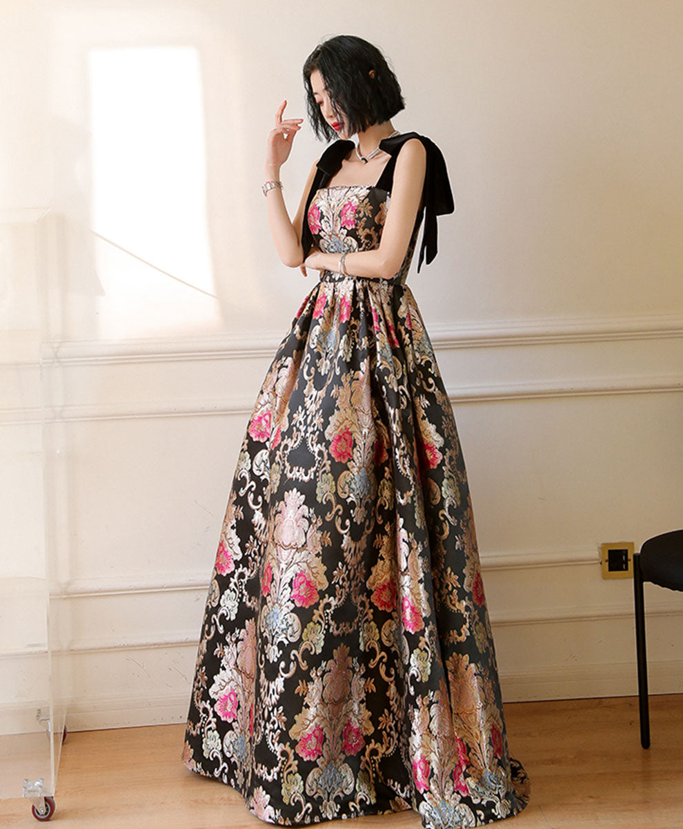 A-Line Satin Long Prom Dress, Flowers Satin Long Evening Dress US 6 / Black (As Picture)