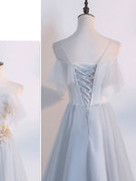 Simple Tulle Lace Gray Prom Dresses, Tea Length Lace Bridesmaid Dresses
