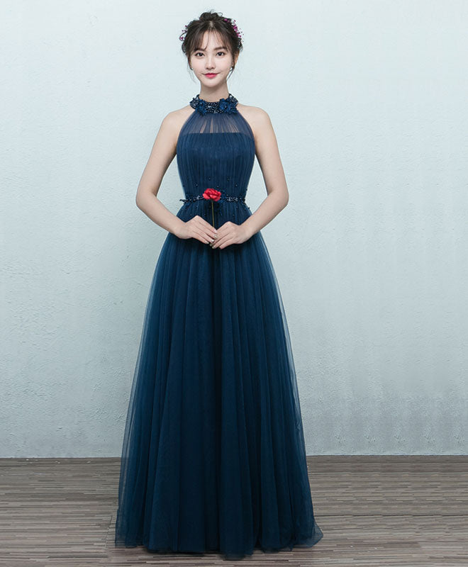 Simple Blue Tulle Long Prom Dress, Blue Tulle Bridesmaid Dress
