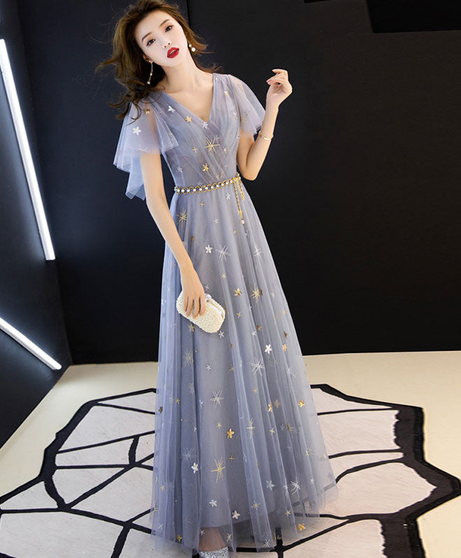 Blue Aline Tulle Long Prom Dress, Blue Tulle Bridesmaid Dress