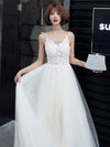 White V Neck Tulle Lace Long Prom Dress, White Evening Dress