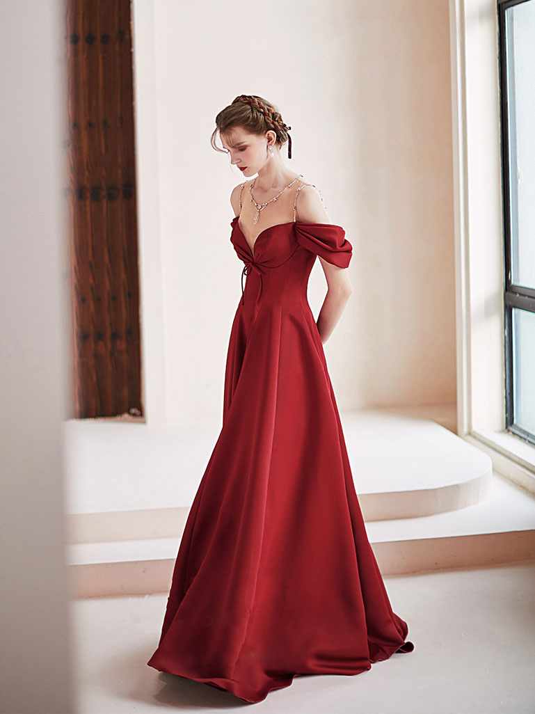 Simple Burgundy Round Neck Satin Long Prom Dress, Burgundy Formal Grad