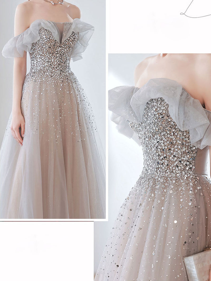 Elegant Gray Tulle Sequin Long Prom Dress, Gray Tulle Evening Dresses