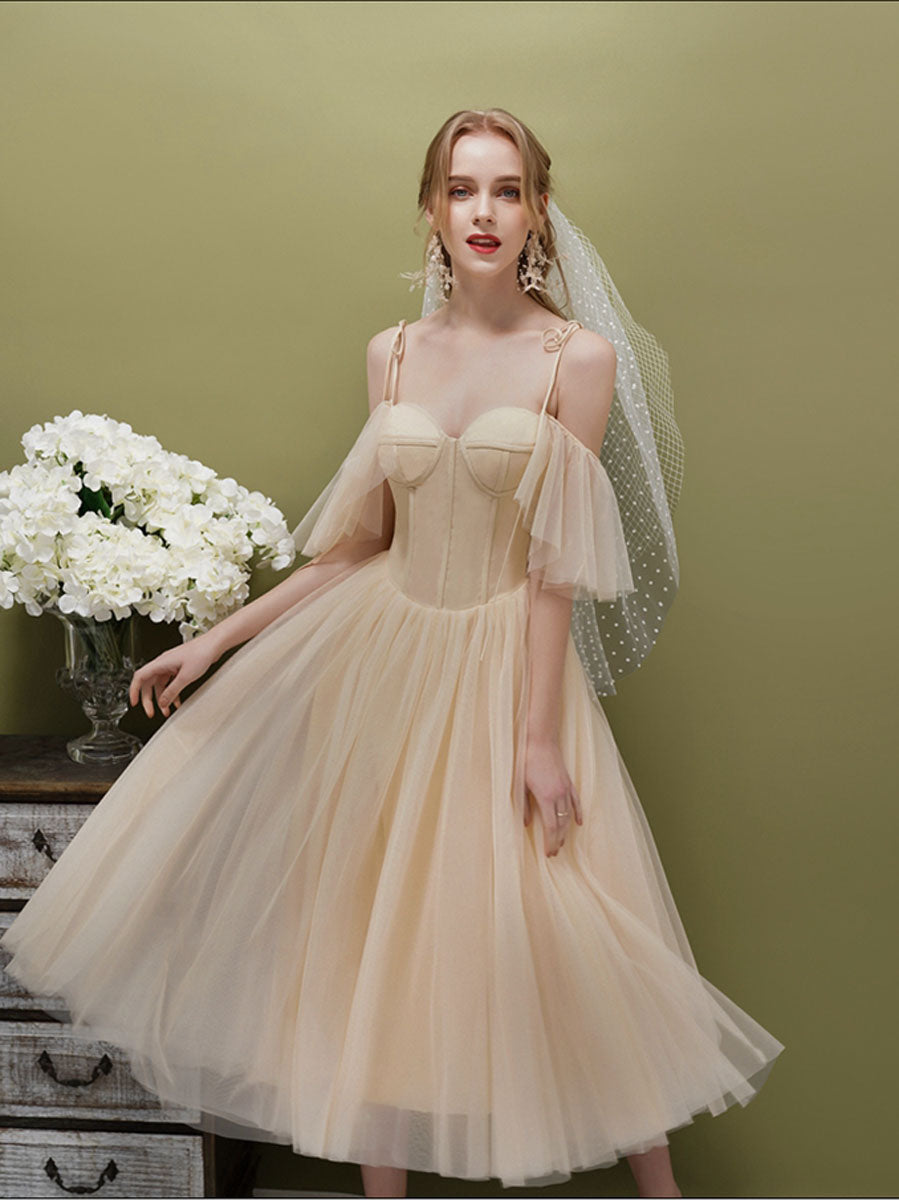 Simple A-line Champagne Tulle Short Prom Dress, Champagne HDRomecoming – shopluu