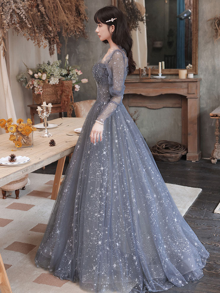 Gray Blue Tulle Lace Long Prom Dress, Gray Tulle Lace Evening Dress US 2 / Gray