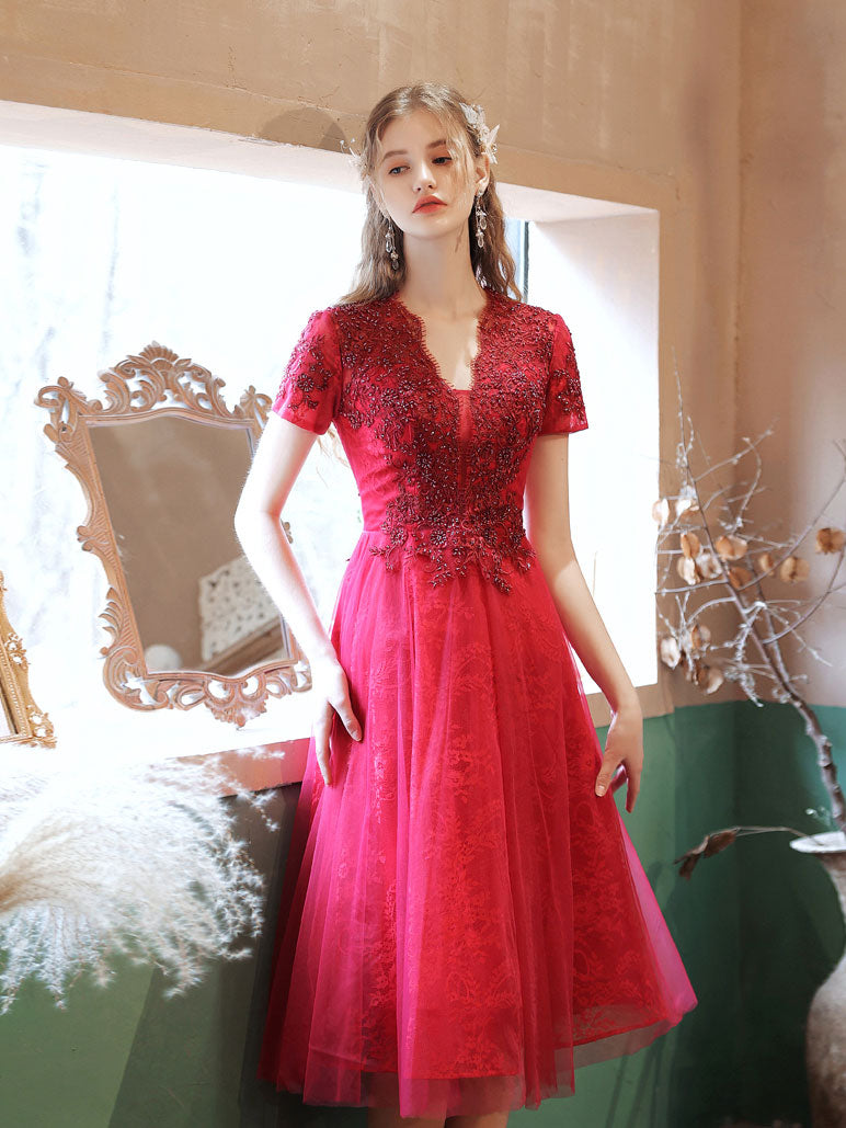 Burgundy V Neck Tulle Lace Beads Short Prom Dress, Burgundy Homecoming Dress