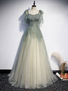 Gray Green Tulle Sequin Beads Long Prom Dress, Green Evening Dress