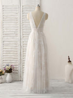 White V Neck Lace Long Prom Dress Backless Lace Evening Dress