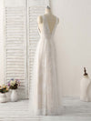 White V Neck Lace Long Prom Dress Backless Lace Evening Dress