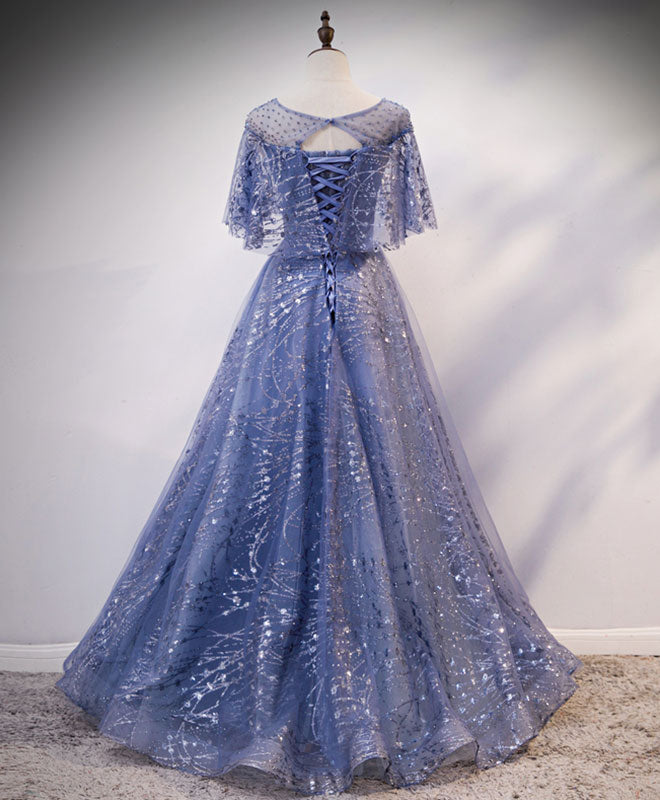 A-Line Round Neck Tulle Lace Long Prom Dress Blue Lace Evening Dress