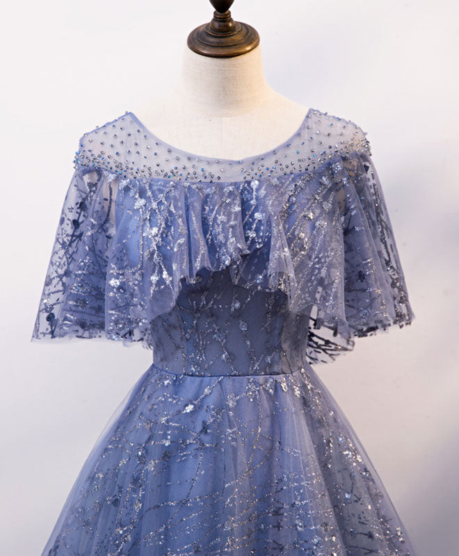 A-Line Round Neck Tulle Lace Long Prom Dress Blue Lace Evening Dress