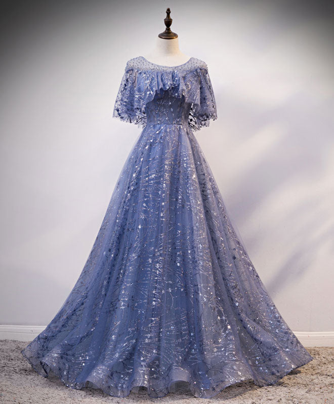 A-Line Round Neck Tulle Lace Long Prom Dress Blue Lace Evening Dress