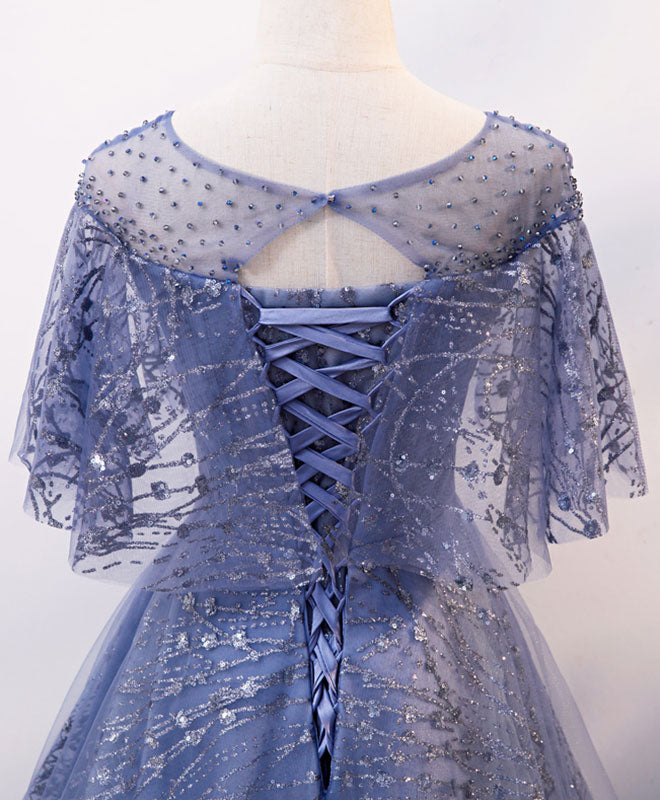 A-Line Round Neck Tulle Lace Long Prom Dress Blue Lace Evening Dress