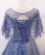 Unique Round Neck Tulle Lace Long Prom Dress Blue Lace Evening Dress