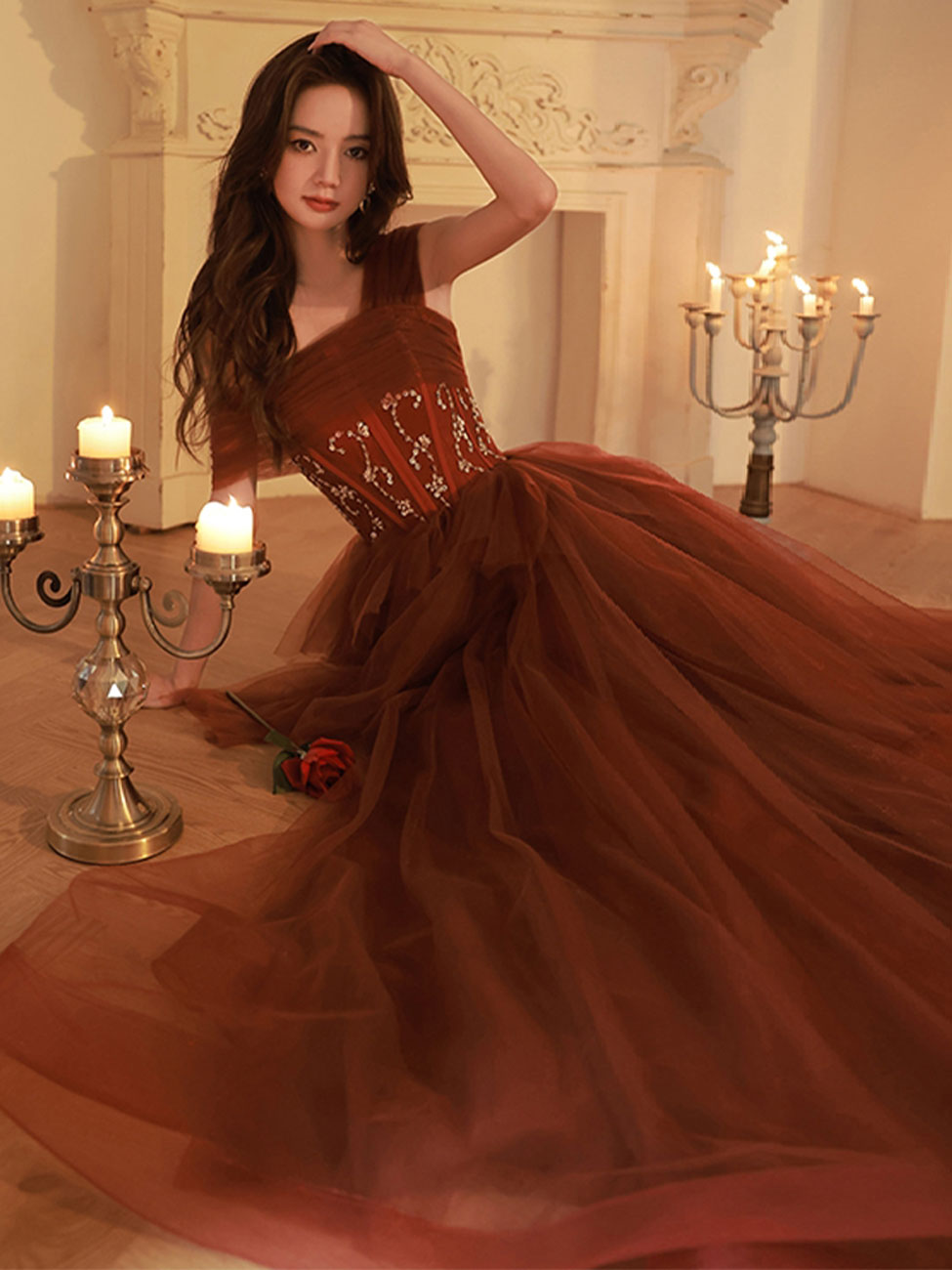 A Line One Shoulder Tulle Long Burgundy Prom Dresses, Burgundy Formal Graduation Dress With Sequin Beading Custom size / Custom Color A Line One Shoulder Tulle Long Burgundy Prom Dresses, Burgundy Formal Graduation Dress With Sequin Beading Custom size / Custom Color