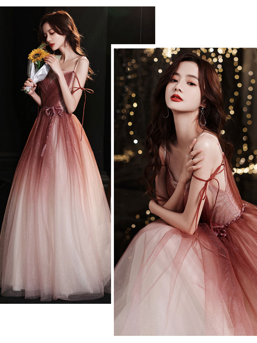 Simple Burgundy Tulle Long Prom Dress, Burgundy Formal Graduation Dress