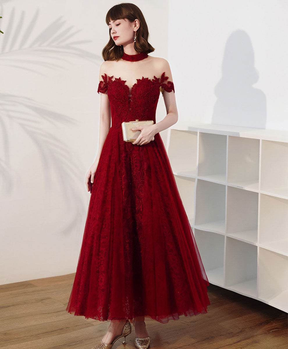 Burgundy High Neck Tulle Lace Tea Length Prom Dress, Lace Formal Evening Dress
