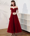 Burgundy High Neck Tulle Lace Tea Length Prom Dress, Lace Formal Evening Dress