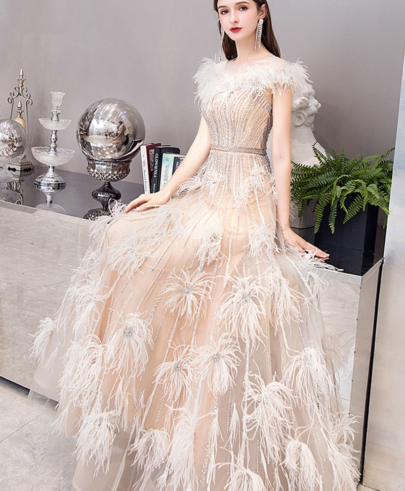 Champagne Tulle Beads Long Prom Dress, Champagne Formal Evening Dress – shopluu