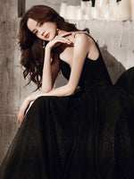 Black V Neck Tulle Lace Long Prom Dress Black Evening Dress