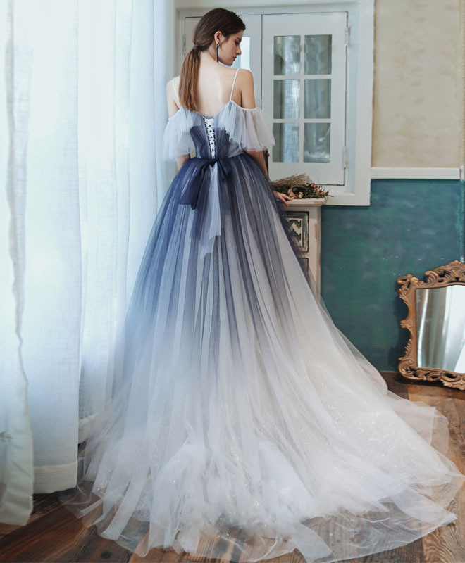 A-Line Sweetheart Tulle Blue Long Prom Dress Blue Tulle Evening Dress