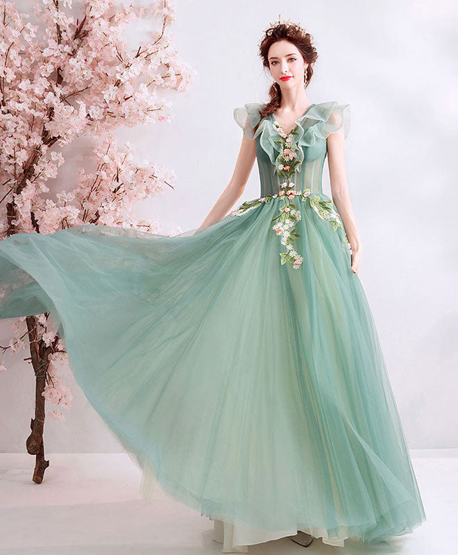 Green V Neck Tulle Lace Long Prom Dress, Green Evening Dress shopluu Green V Neck Tulle Lace Long Prom Dress, Green Evening Dress shopluu