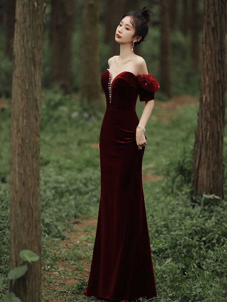 Burgundy Sweetheart Neck Mermaid Long Prom Dress, Velvet Bridesmaid Dr – shopluu