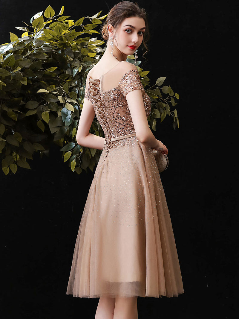 Champagne Round Neck Tulle Sequin Short Prom Dress Champagne Homecoming Dress
