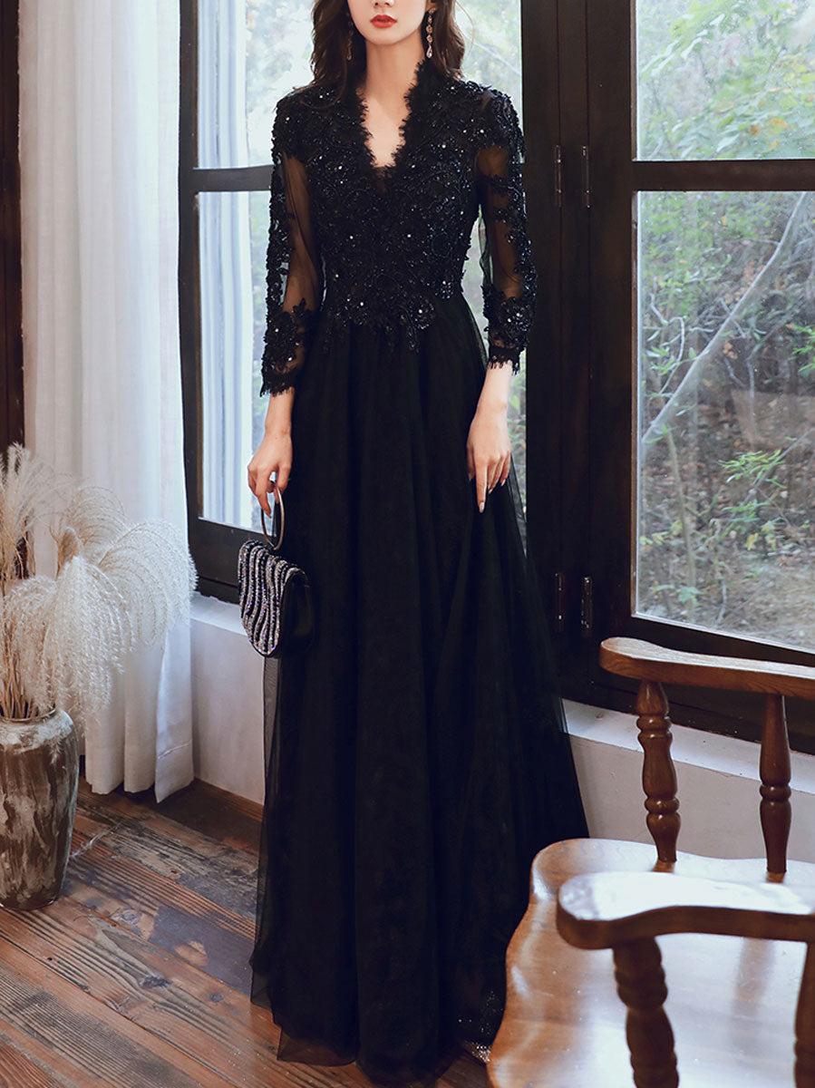 V Neck Black Lace Prom Dress Black V Neck Tulle Lace Beads Long
