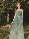Green Tulle Lace Long Prom Dress, Green A line Formal Party Dress with Applique