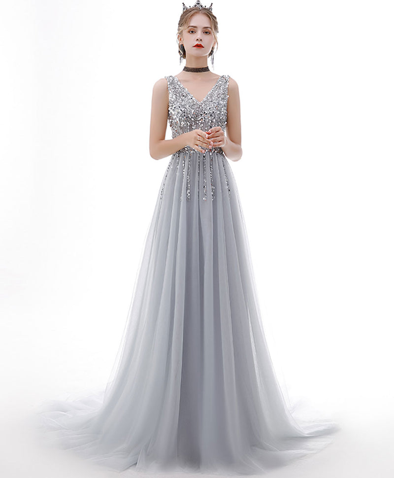 Gray V Neck Tulle Sequin Long Prom Dress Gray Tulle Formal Dress