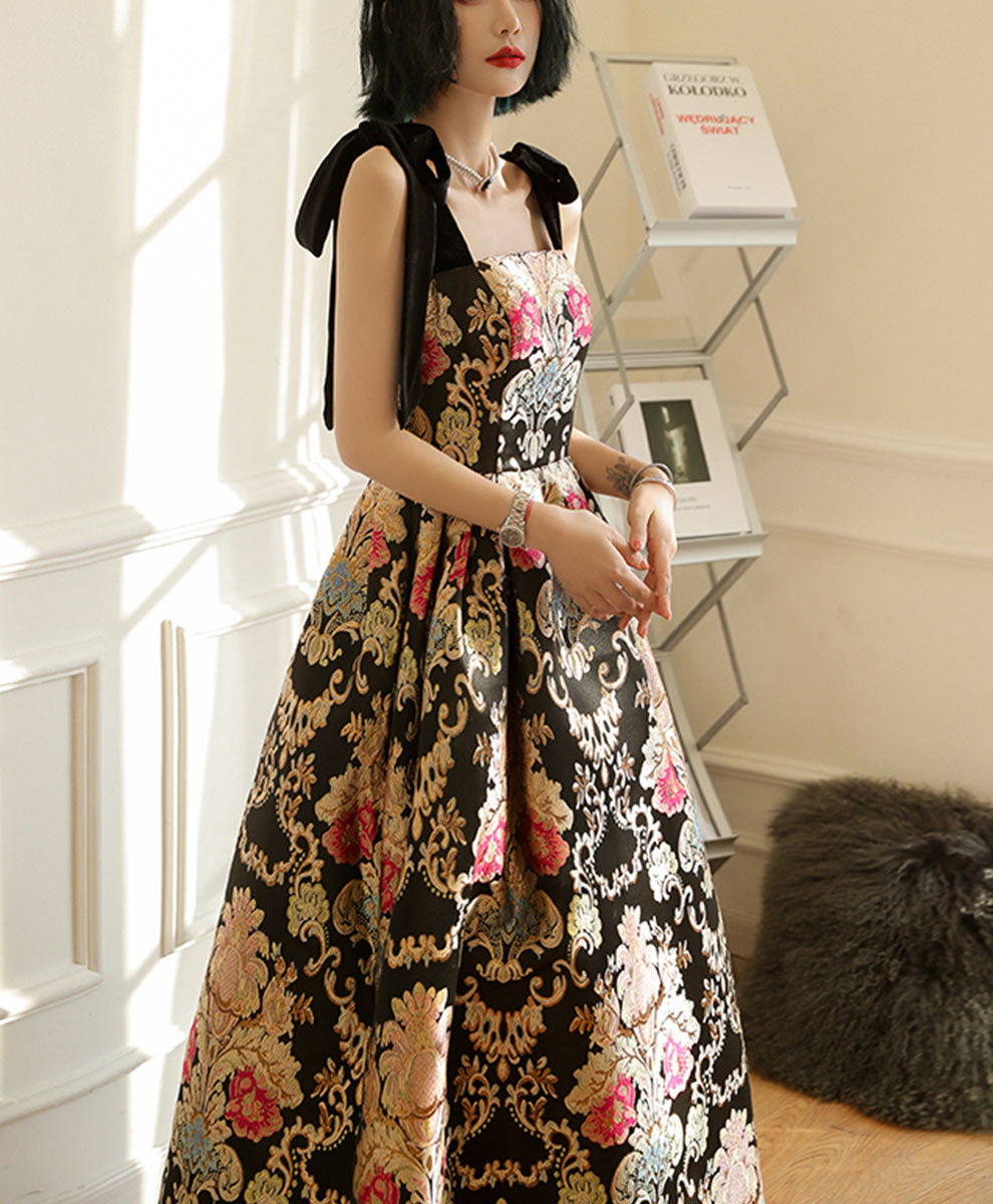 A-Line Satin Long Prom Dress, Flowers Satin Long Evening Dress