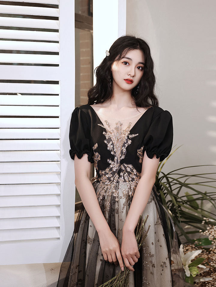Black V Neck Tulle Lace Short Prom Dress, Black Lace Homecoming Dress