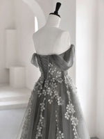 Gray Sweetheart Neck A line Lace Long Prom Dress, Gray Formal Dress