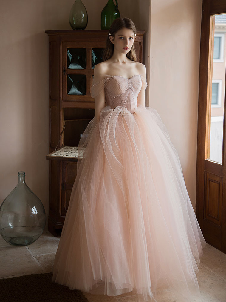 Pink Sweetheart Neck Tulle Long Prom Dress, Pink Evening Dress