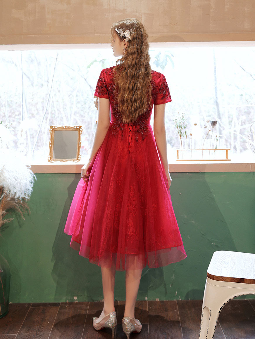 Burgundy V Neck Tulle Lace Beads Short Prom Dress, Burgundy Homecoming Dress