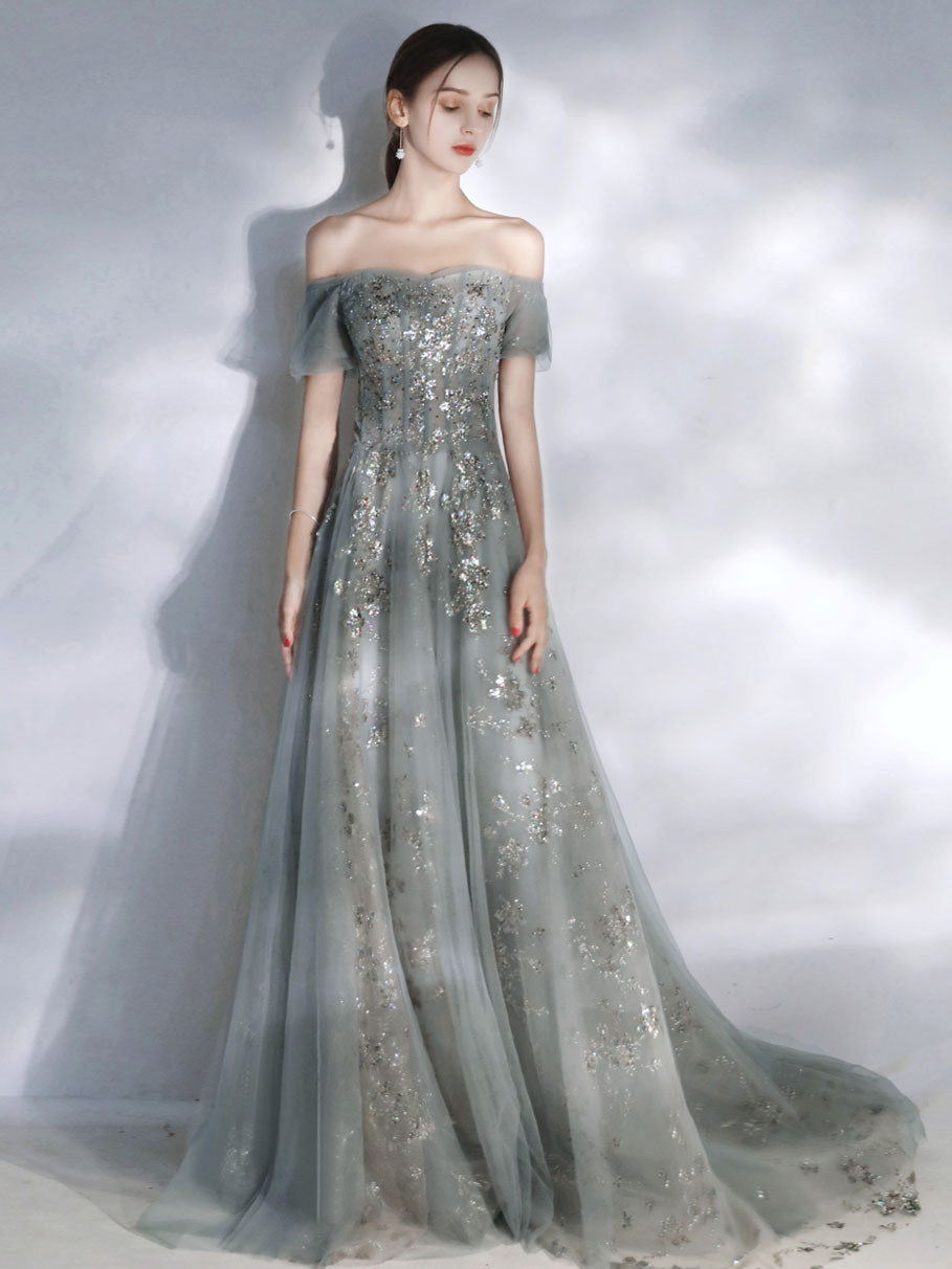 Gray Tulle Sequin Lace Long Prom Dress, Gray Tulle Formal Dress