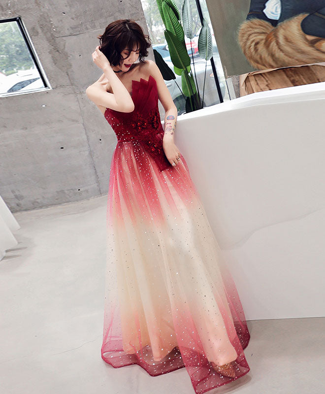 Burgundy Tulle Sequin Long Prom Dress, Tulle Evening Dress