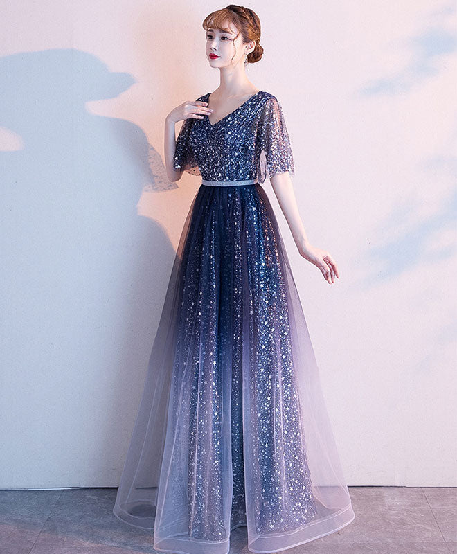 Blue Tulle Sequin Long Prom Dress Blue Evening Dress