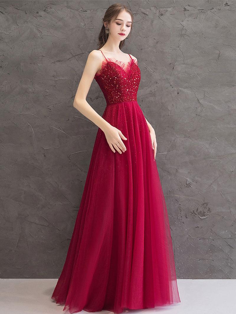 Burgundy Tulle Sequin Long Prom Dress, Burgundy Evening Dress US 2 / Burgundy Burgundy Tulle Sequin Long Prom Dress, Burgundy Evening Dress US 2 / Burgundy
