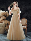 Simple Champagne Tulle Sequin Long Prom Dress, A Line Tulle Evening Dress