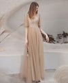 Champagne High Neck Tulle Lace Long Prom Dress, Champagne Graduation Dress