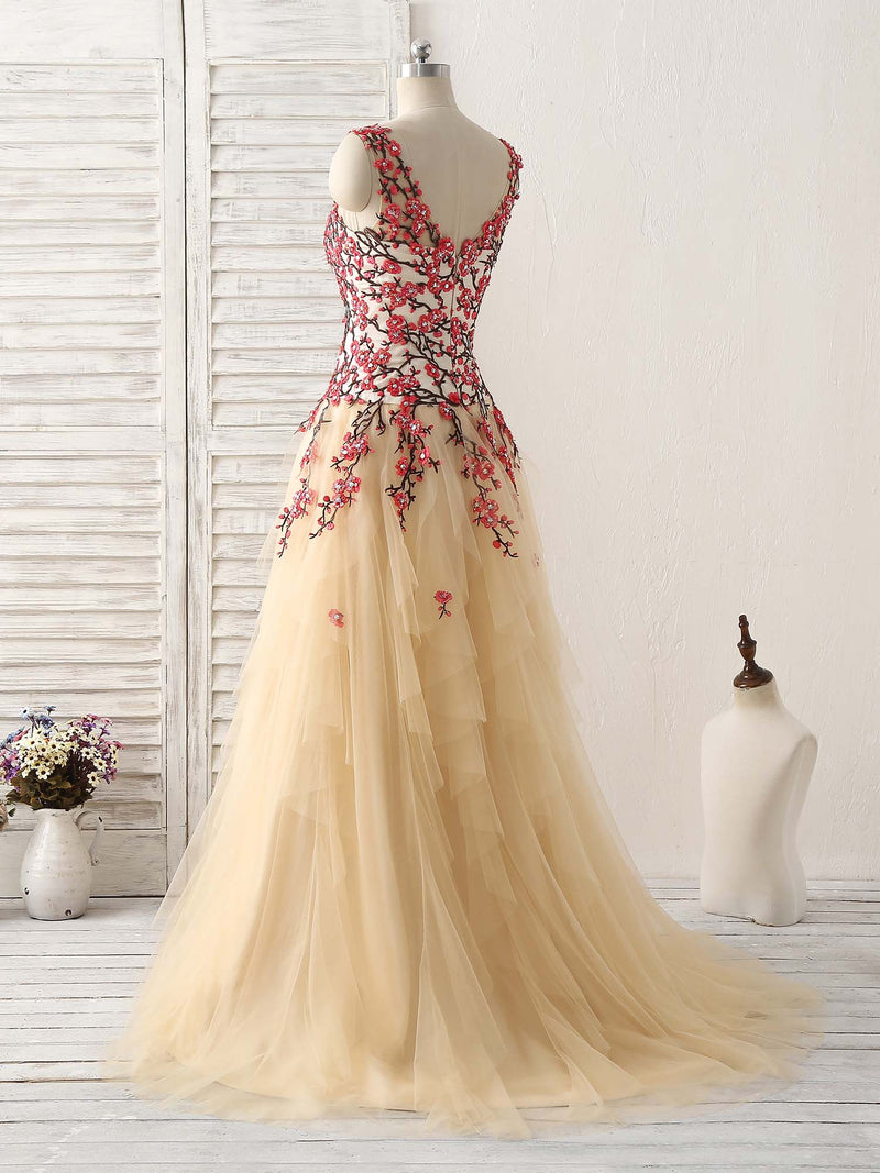 Champagne Tulle Long Prom Dress Lace Applique Evening Dress shopluu Champagne Tulle Long Prom Dress Lace Applique Evening Dress shopluu