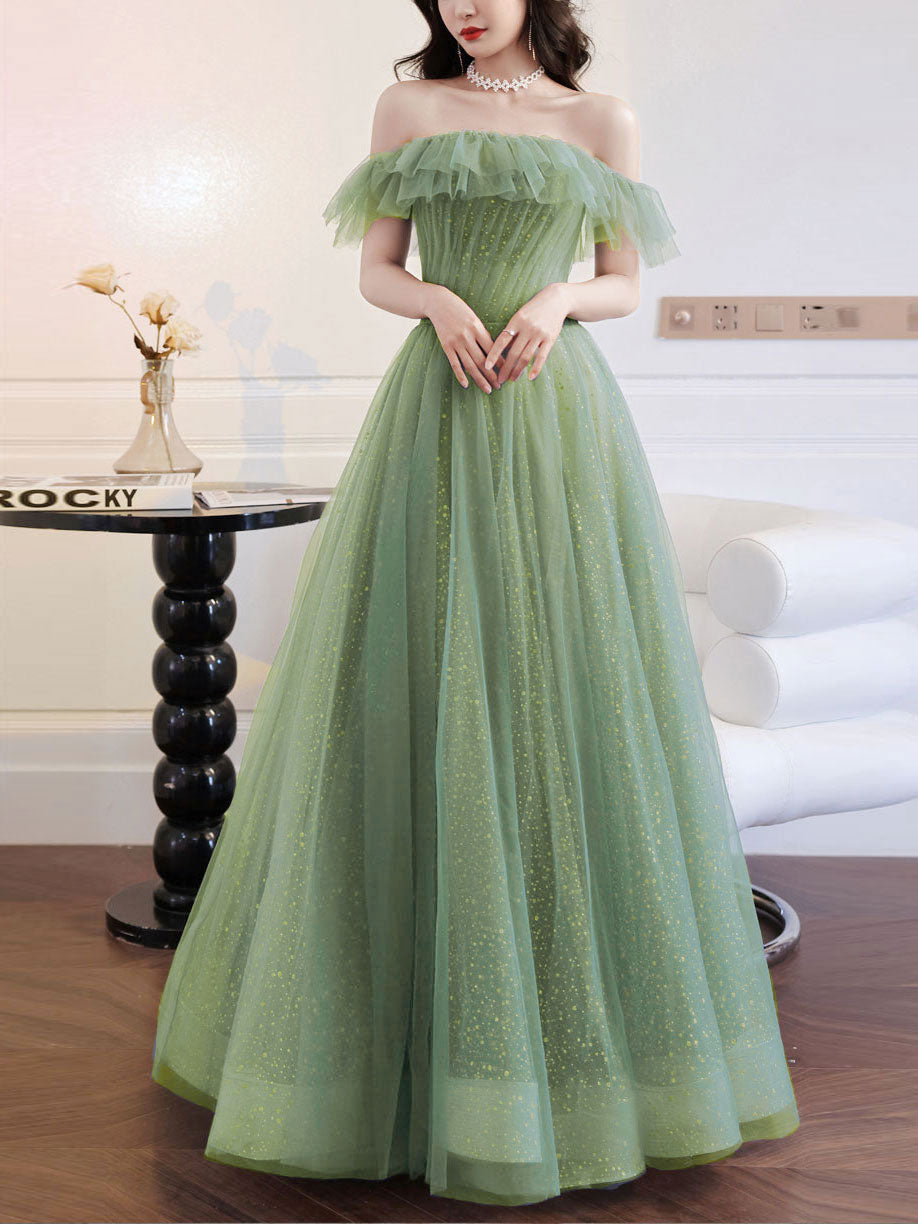 shopluu A Line Green Long Prom Dresses, Green Tulle Formal Graduation Party Dress US 6 / Green