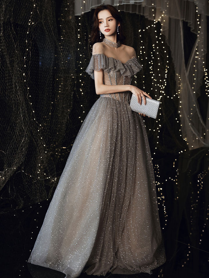 Gray High Neck Tulle Sequin Long Prom Dress Gray Formal Dress